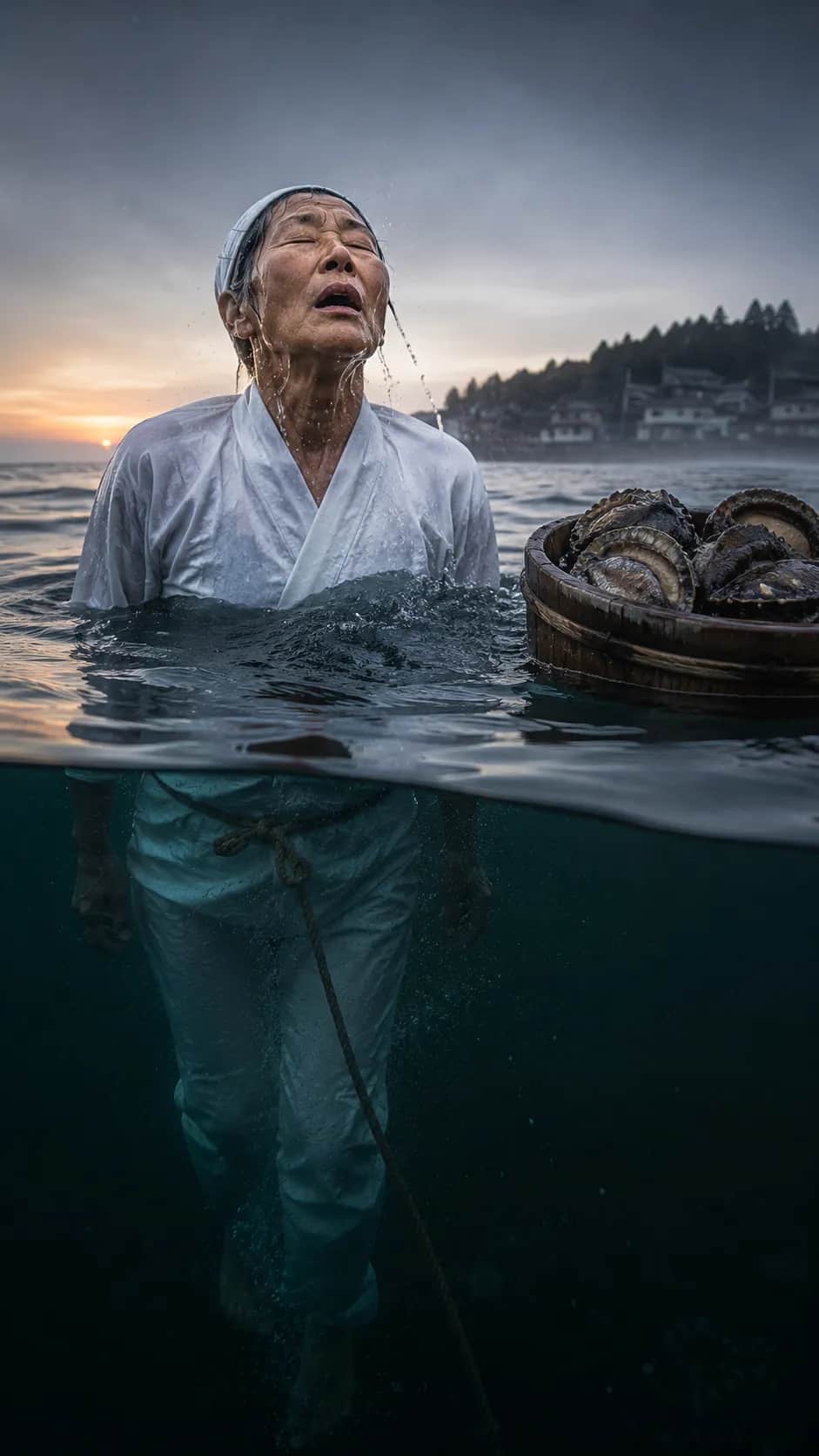 Japanese Ama Freediver Surfacing Ocean Dawn