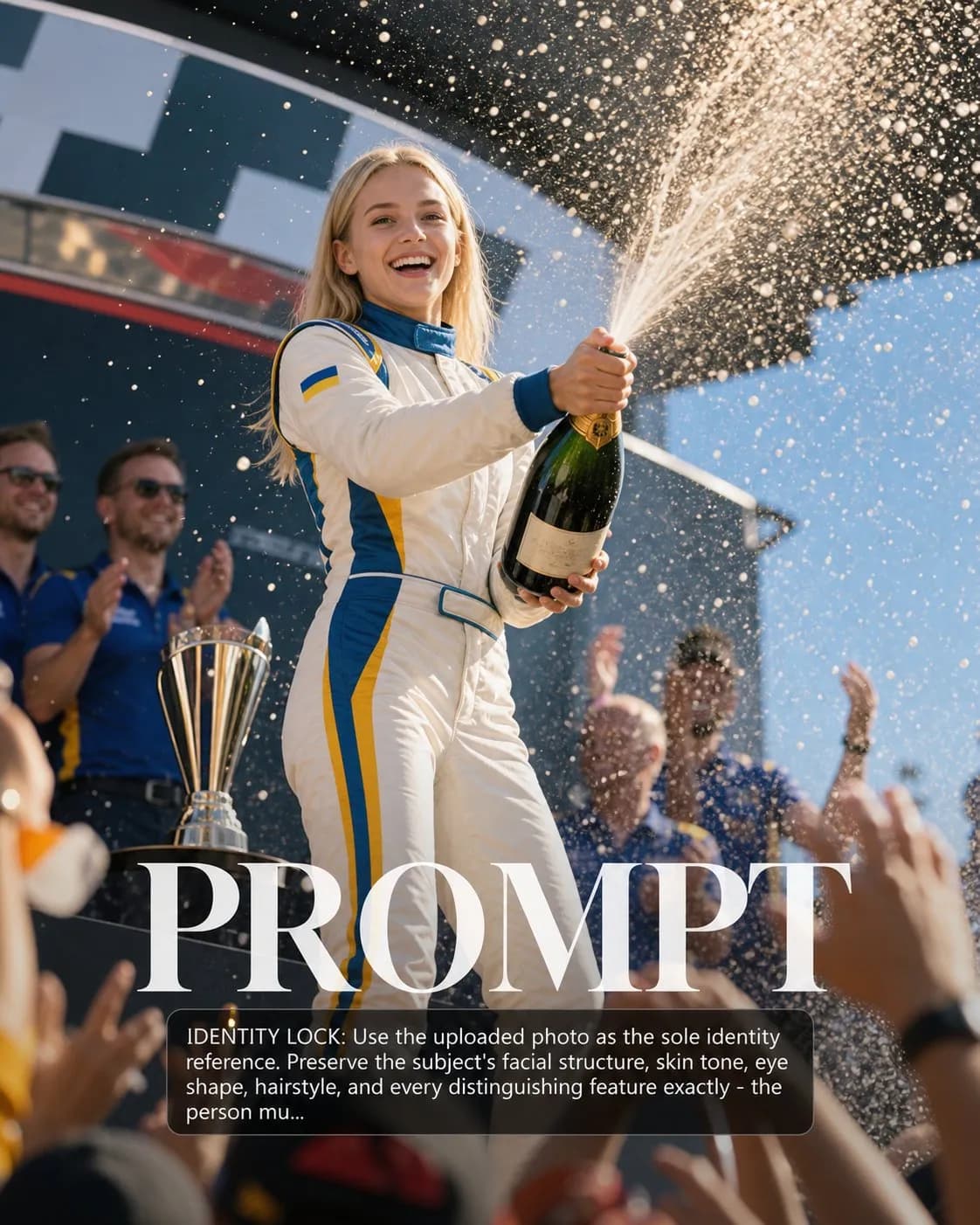 Formula 1 Podium Champagne Spray example created for GPT Image 2 in 4:5