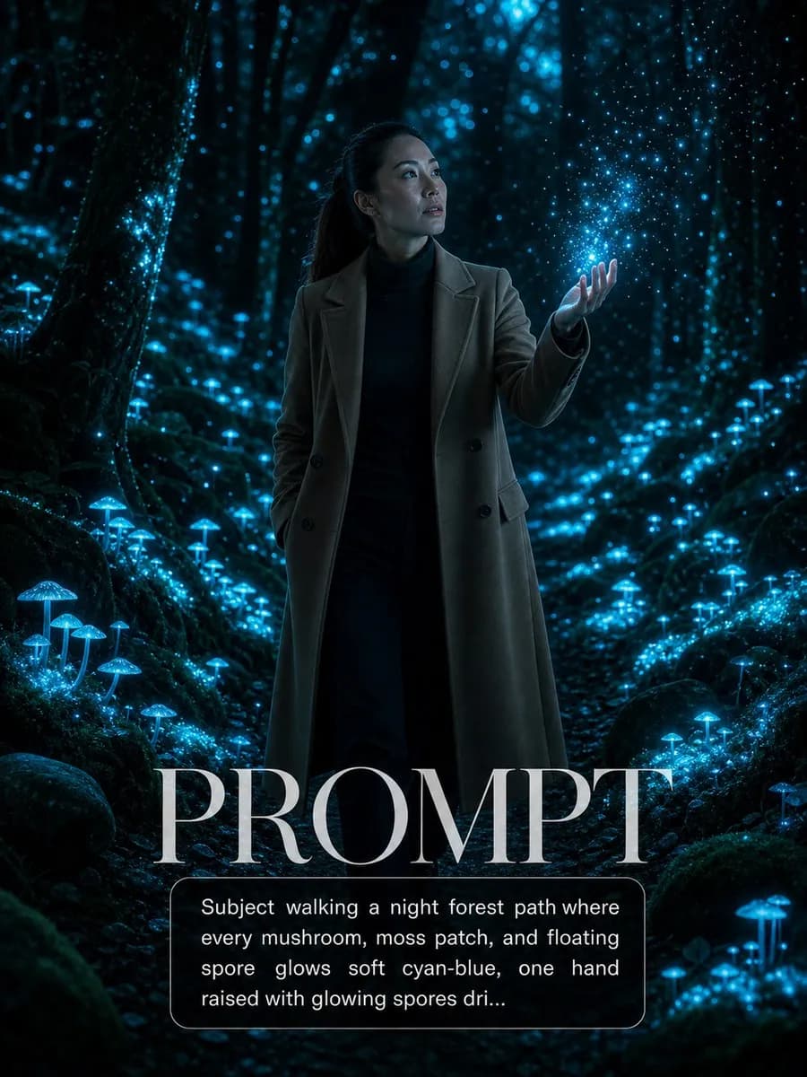 Bioluminescent Forest Guide example created for GPT Image 2 in 3:4
