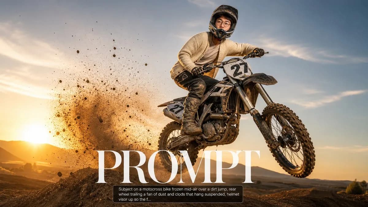 Motocross Dust Freeze example created for GPT Image 2 in 16:9