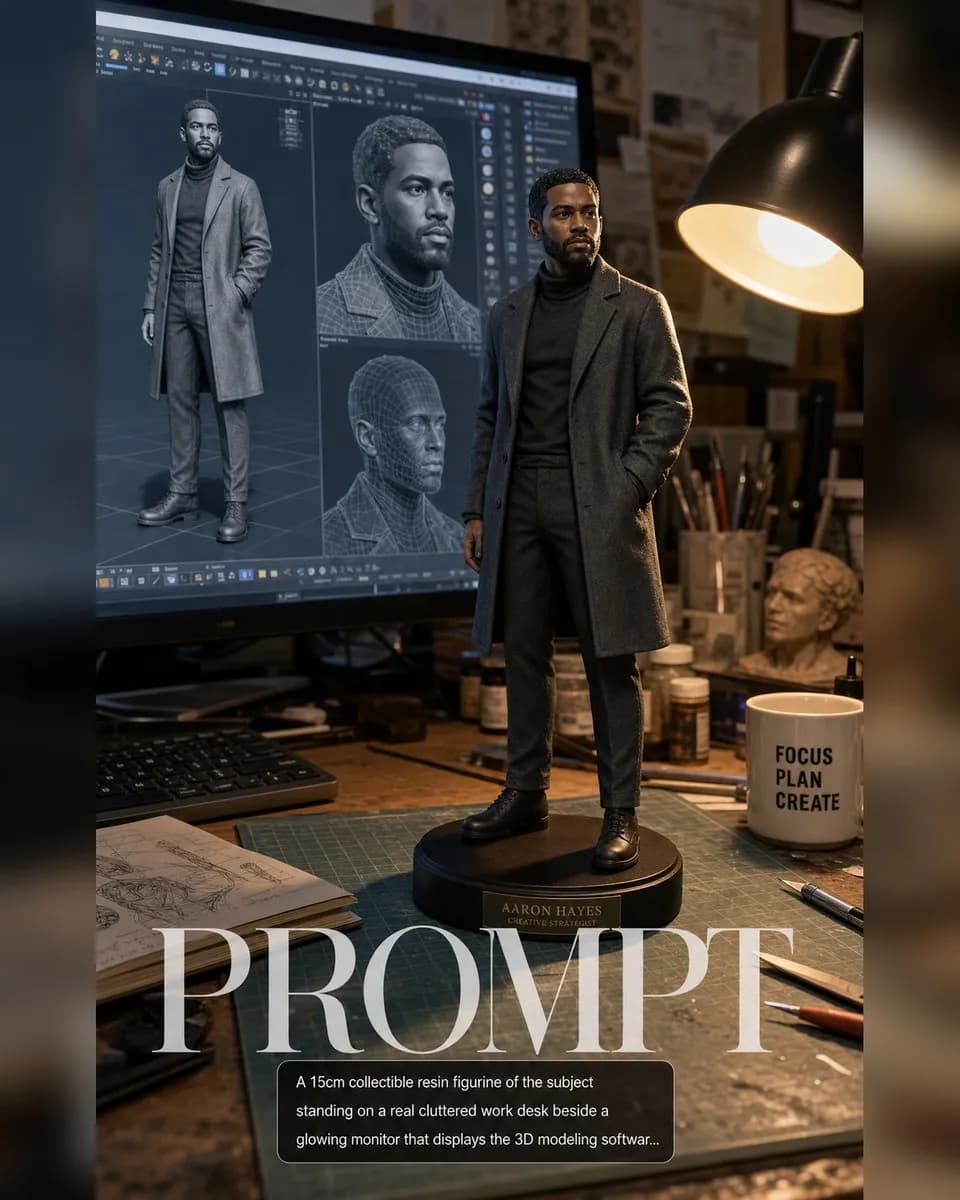Desk-Sized 3D Figurine Beside Monitor example created for GPT Image 2 in 4:5