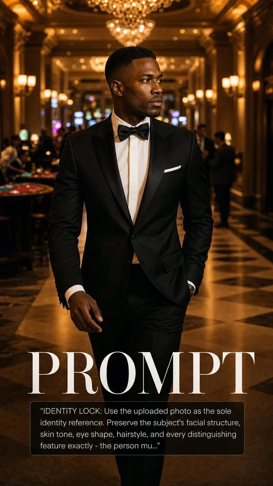 Spy Thriller Tuxedo Night Poster example created for GPT Image 2 in 9:16