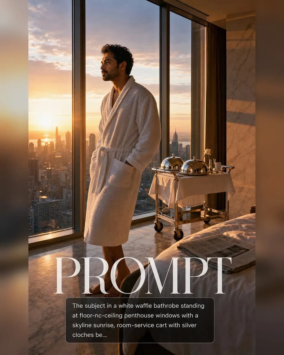 Hotel Penthouse Bathrobe Morning example created for GPT Image 2 in 4:5