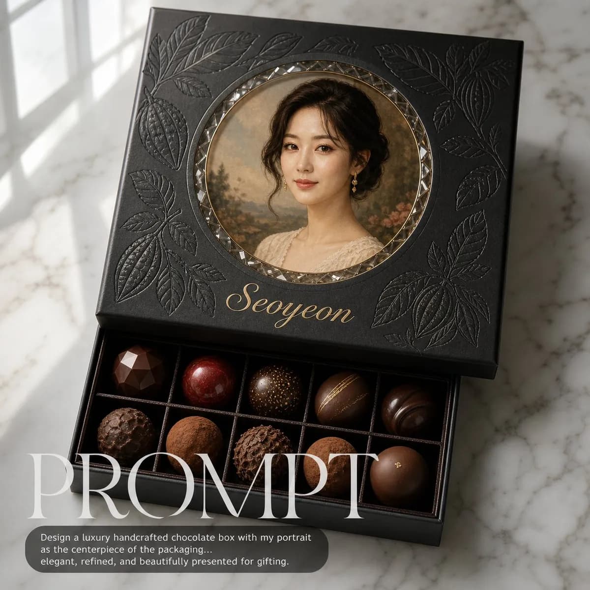 Your Face on a Luxury Chocolate Box example created for GPT Image 2 in 1:1