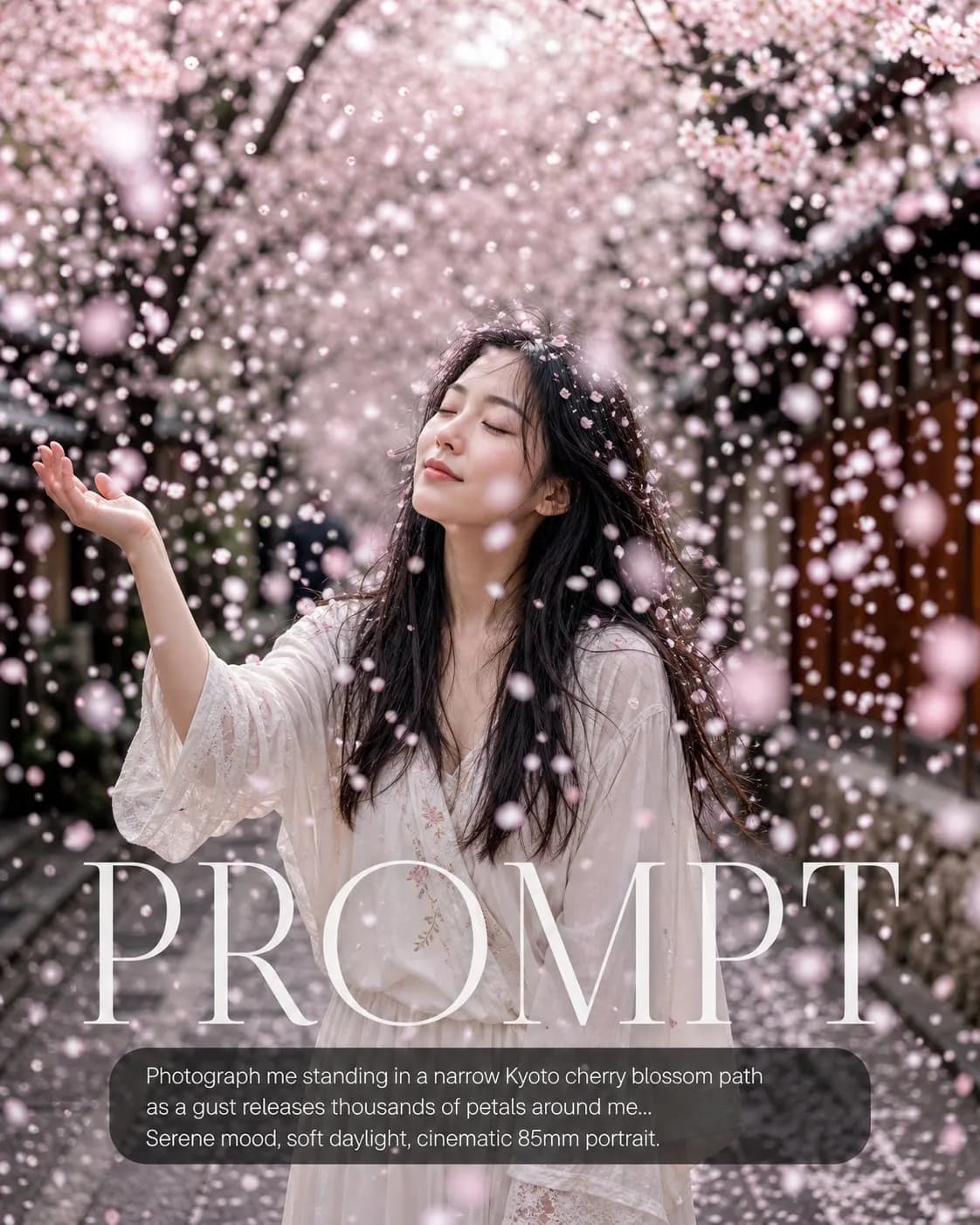 Cherry Blossom Rain Portrait example created for GPT Image 2 in 4:5
