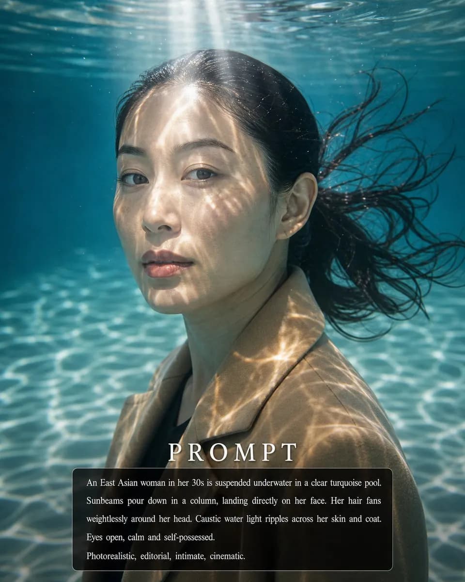 Underwater Sunbeam Portrait example created for GPT Image 2 in 4:5