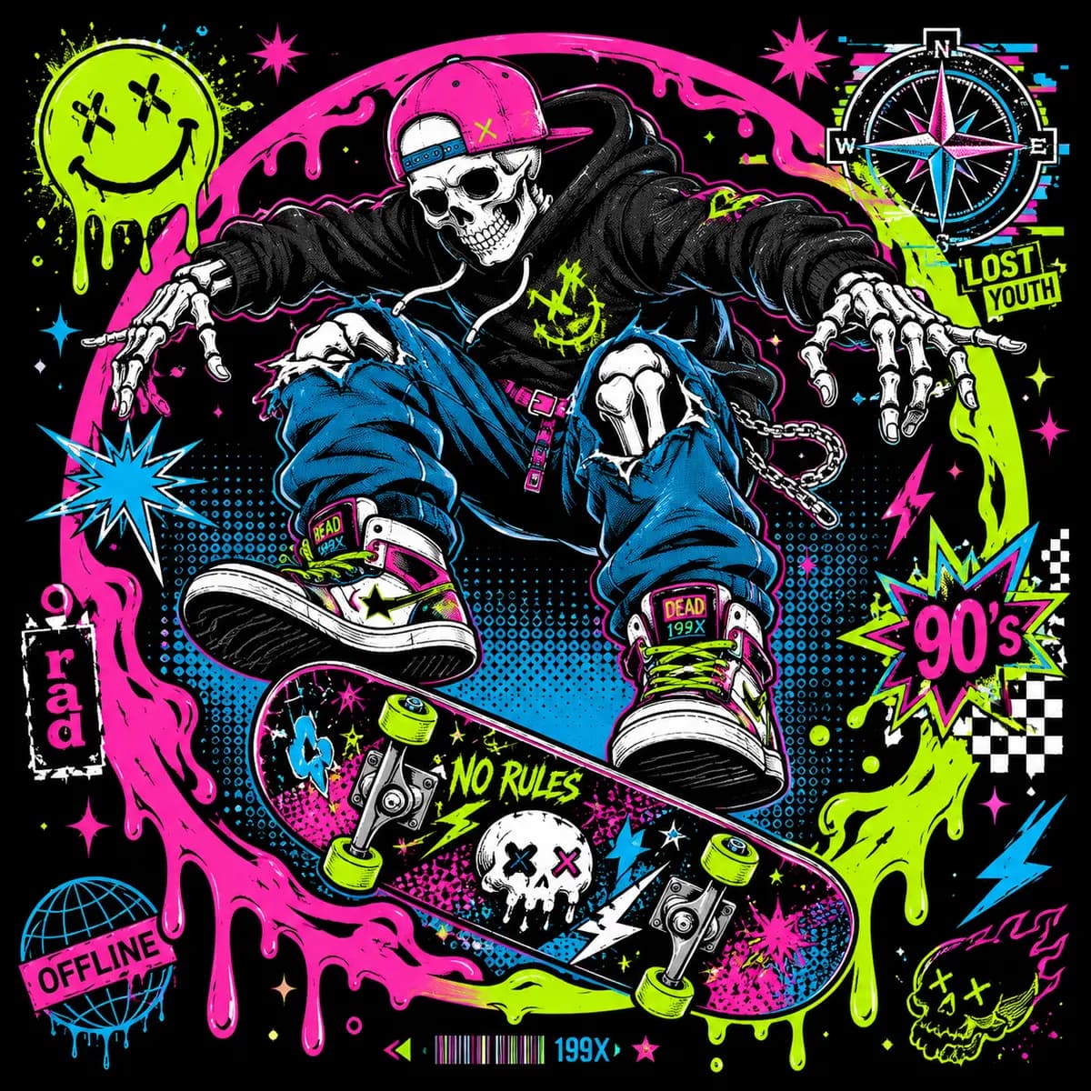 90s Skater Skeleton Kickflip Streetwear T-Shirt Graphic example created for GPT Image 2 in 1:1