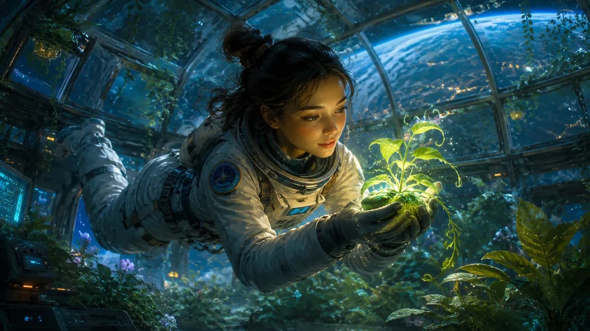 Astronaut Bioluminescent Plant Space Station Digital Art example created for GPT Image 2 in 16:9