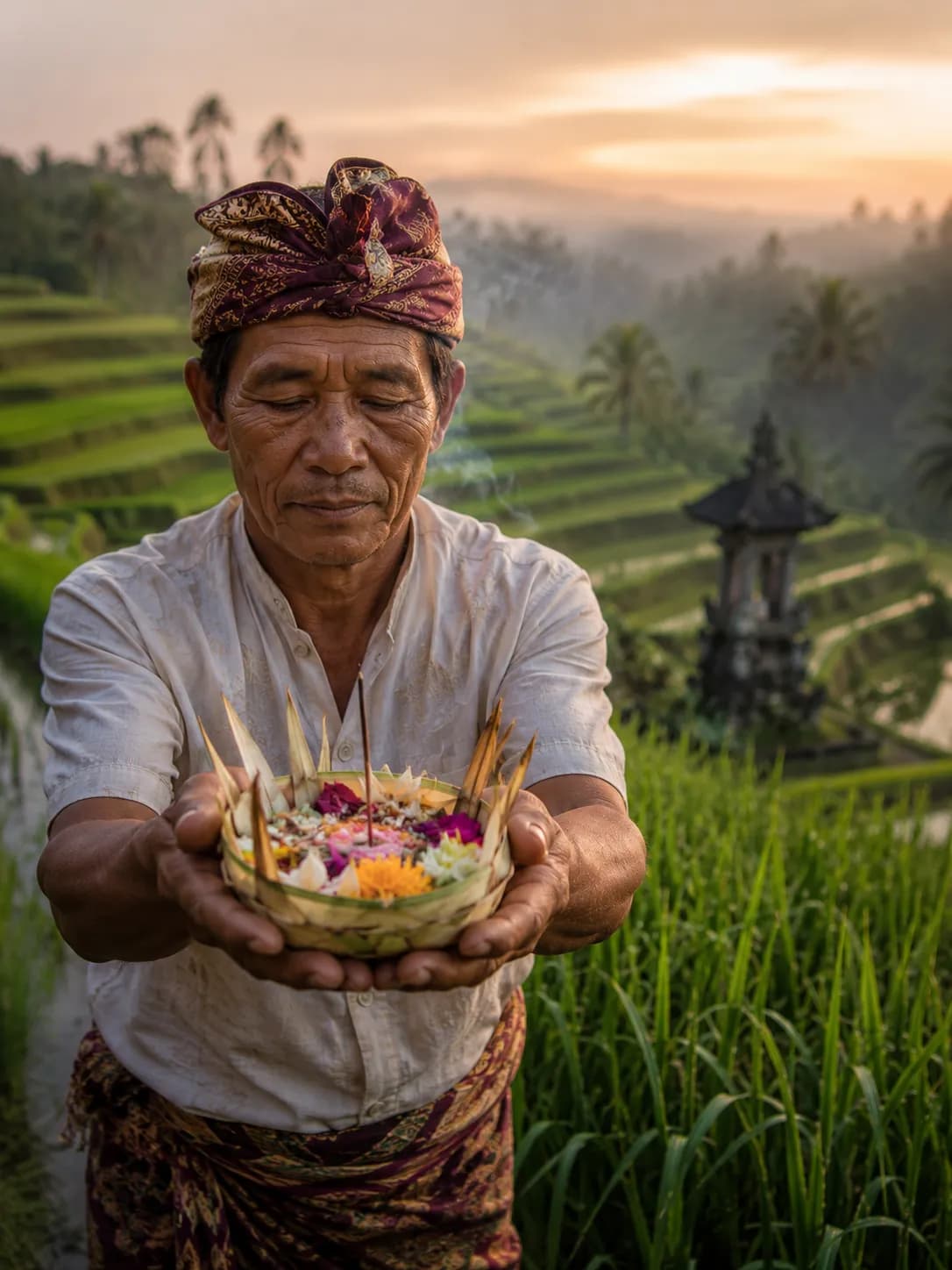 Balinese Rice Farmer Morning Prayer Offering example created for GPT Image 2 in 3:4