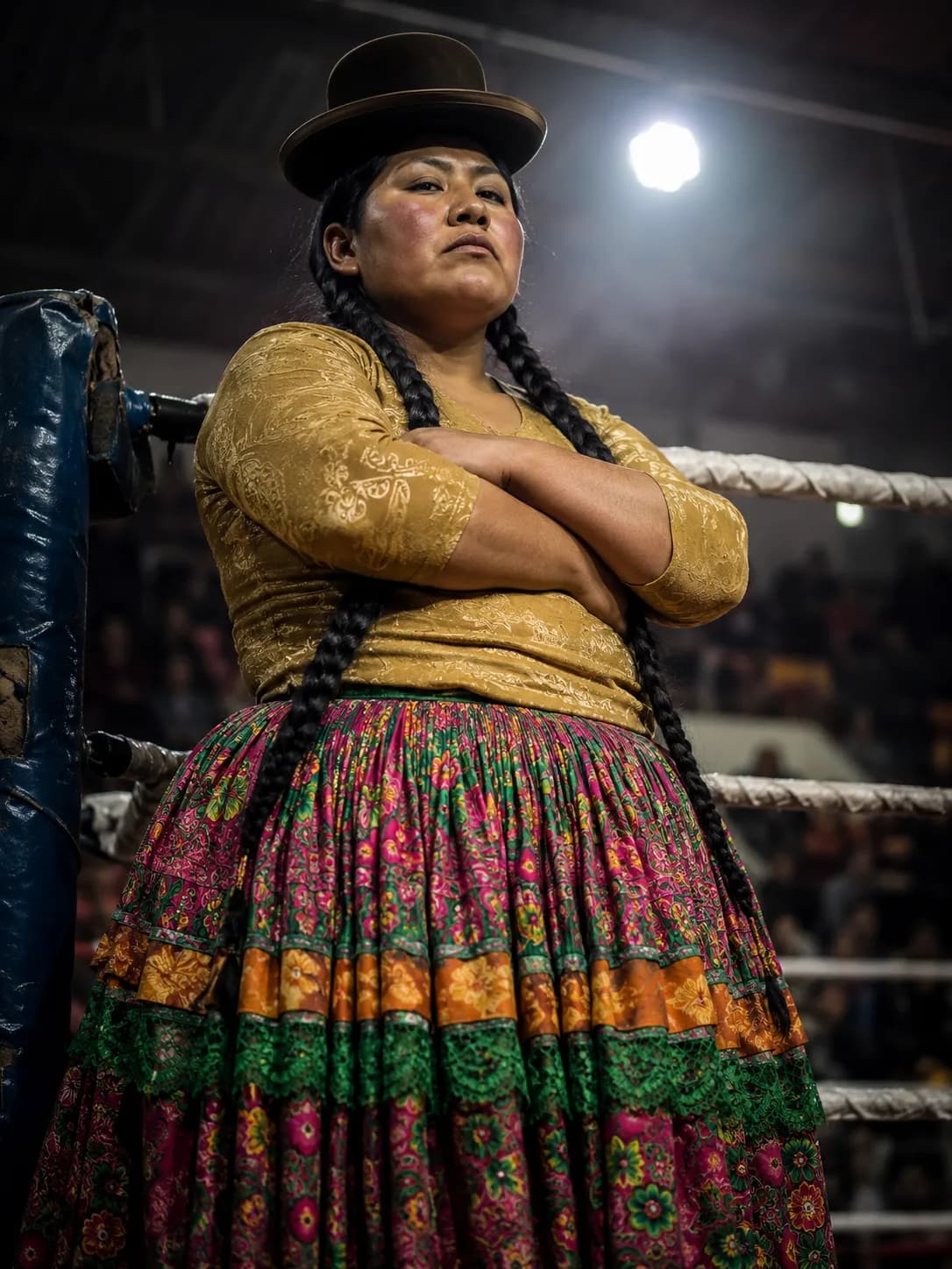 Bolivian Cholita Wrestler Ring Portrait El Alto example created for GPT Image 2 in 3:4