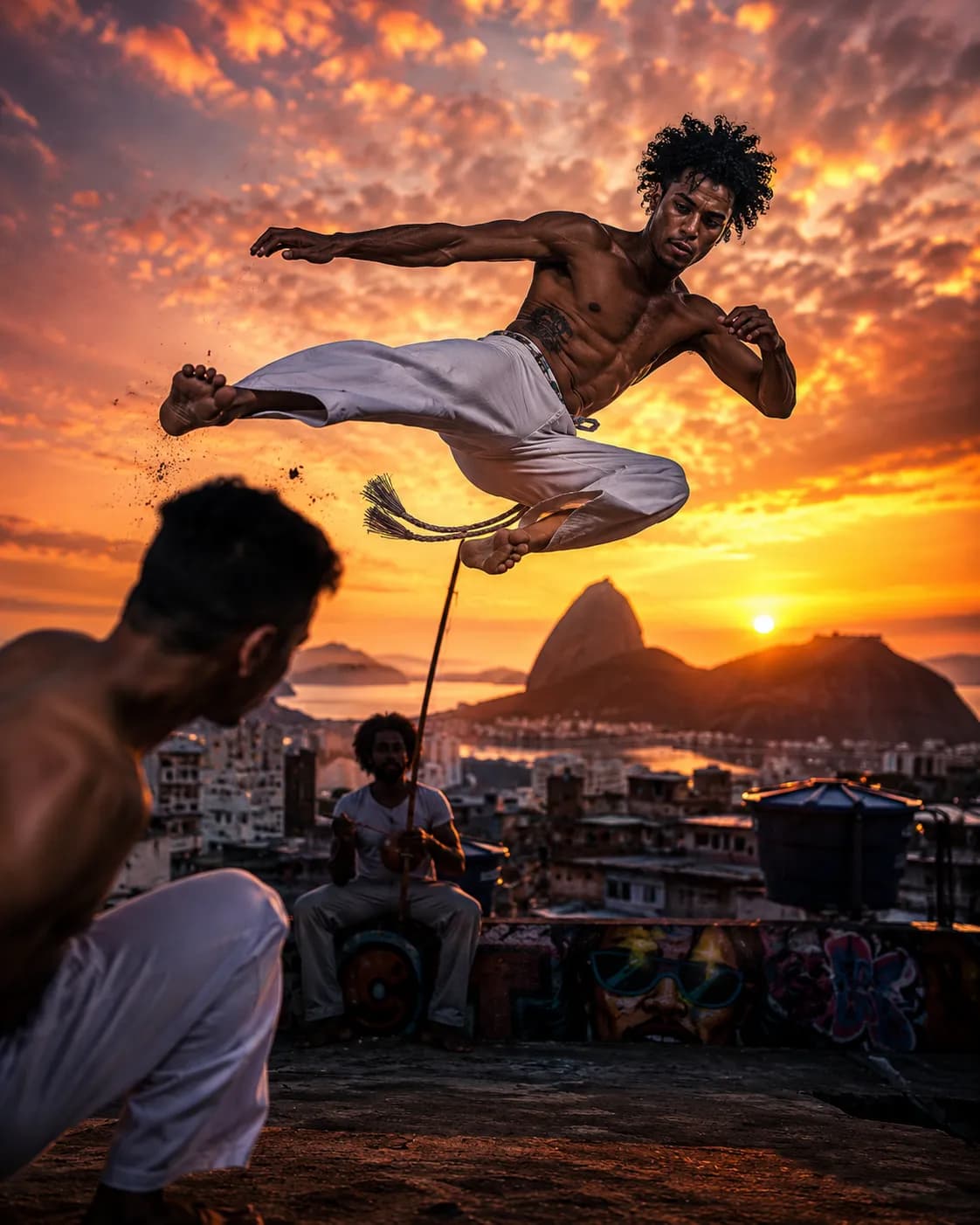 Capoeira Fighter Aerial Kick Rio Rooftop Sunset example created for GPT Image 2 in 4:5