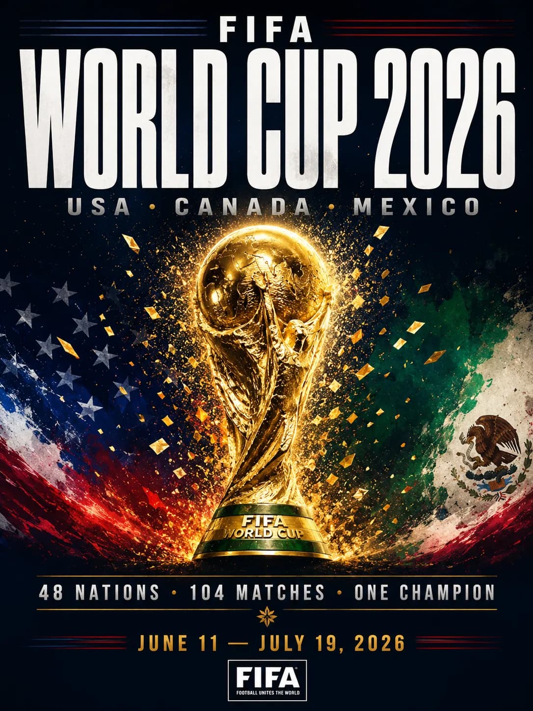 Cinematic World Cup 2026 Host Nations Trophy Poster example created for GPT Image 2 in 3:4