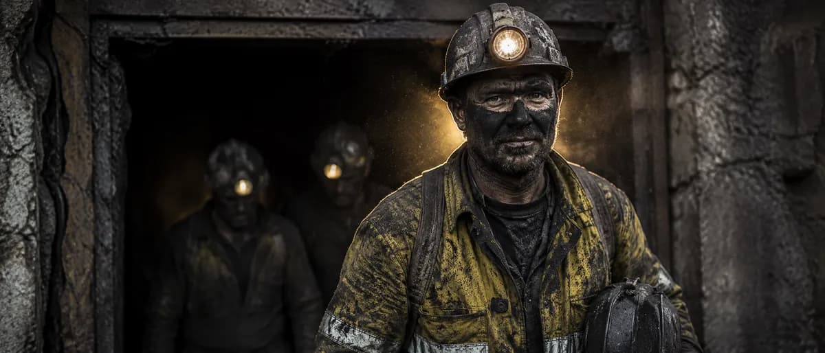 Coal Miner Emerging Mine Shaft End of Shift Portrait example created for GPT Image 2 in 21:9