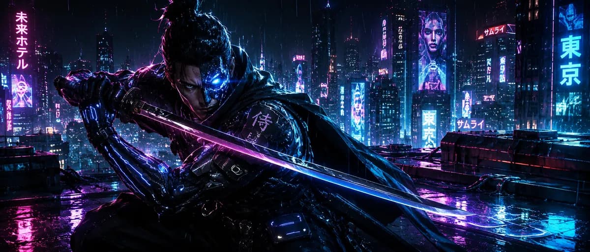 Cybernetic Samurai Neon Tokyo Rooftop Digital Art example created for GPT Image 2 in 21:9