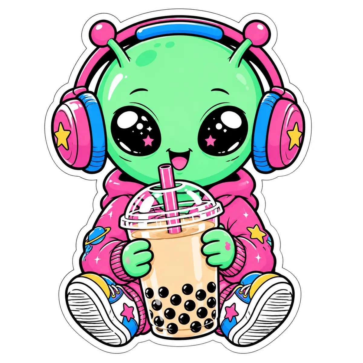 Die-Cut Sticker Design Y2K Alien Boba Tea Vector Art example created for GPT Image 2 in 1:1