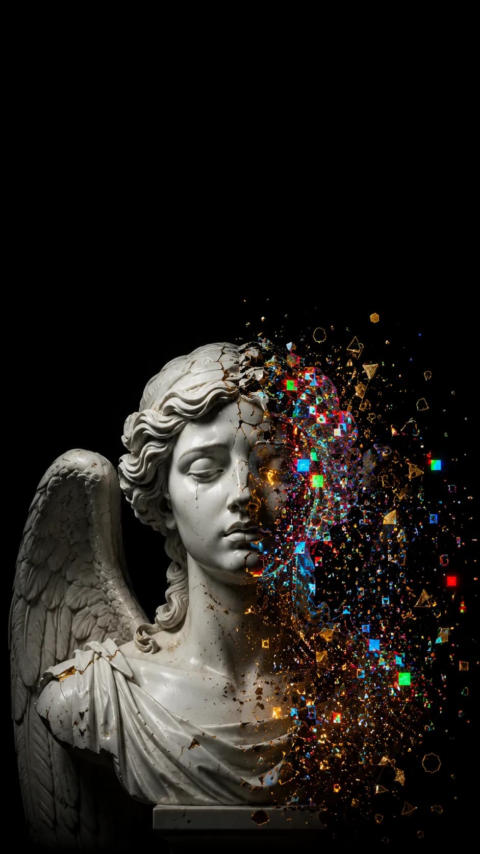 Digital Glitch Renaissance Angel Dark Phone Wallpaper example created for GPT Image 2 in 9:16