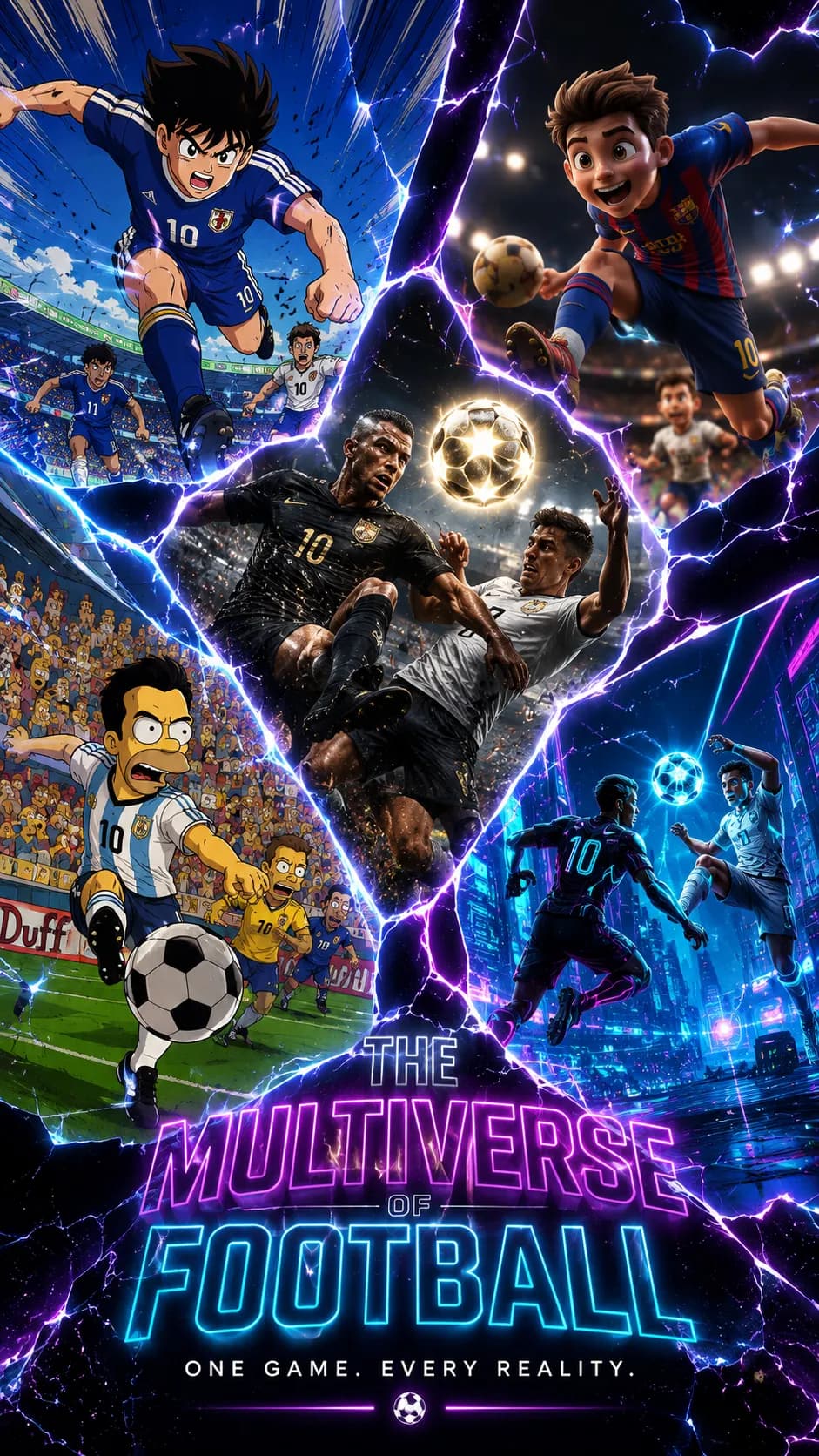 Epic "The Multiverse of Football" Mashup Poster example created for GPT Image 2 in 9:16