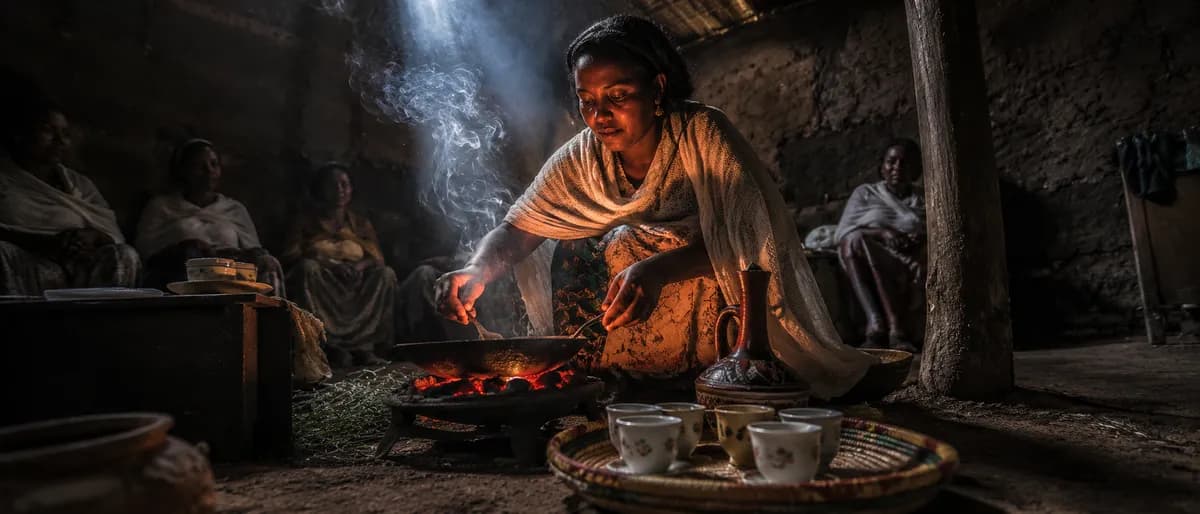 Ethiopian Coffee Ceremony Coal Fire Village Portrait example created for GPT Image 2 in 21:9