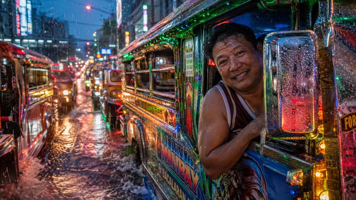 Filipino Jeepney Driver Manila Monsoon Traffic Portrait example created for GPT Image 2 in 16:9