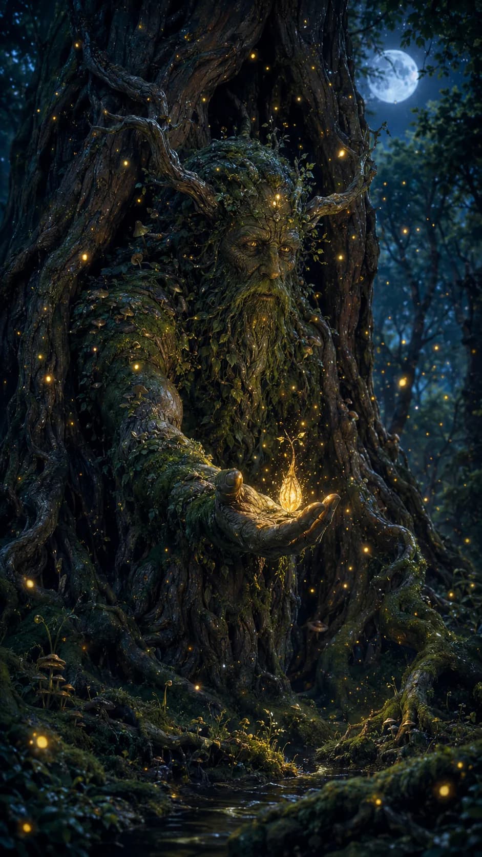 Forest Spirit Ancient Tree Fireflies Digital Art example created for GPT Image 2 in 9:16
