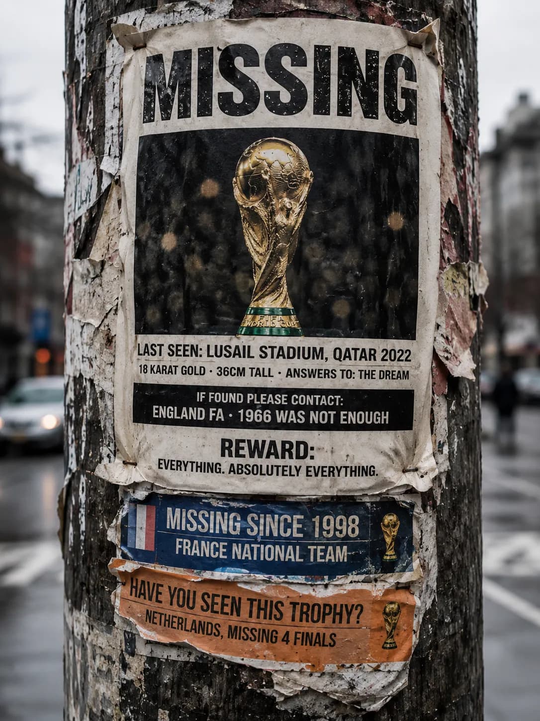 Humorous Missing World Cup Trophy Street Poster example created for GPT Image 2 in 3:4