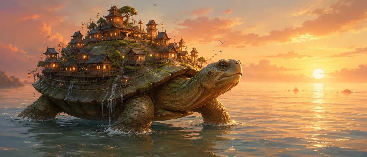 Giant Tortoise Floating Village Ocean Digital Art example created for GPT Image 2 in 21:9