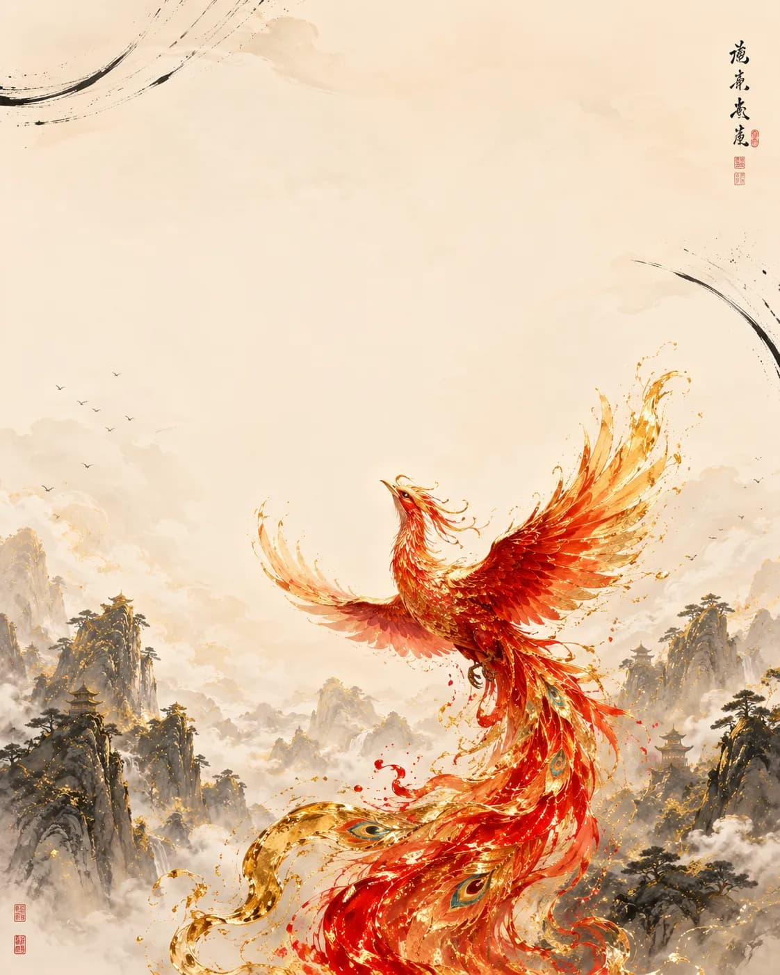 Guochao Mythological Phoenix Ink Wash Sunset Wallpaper example created for GPT Image 2 in 4:5
