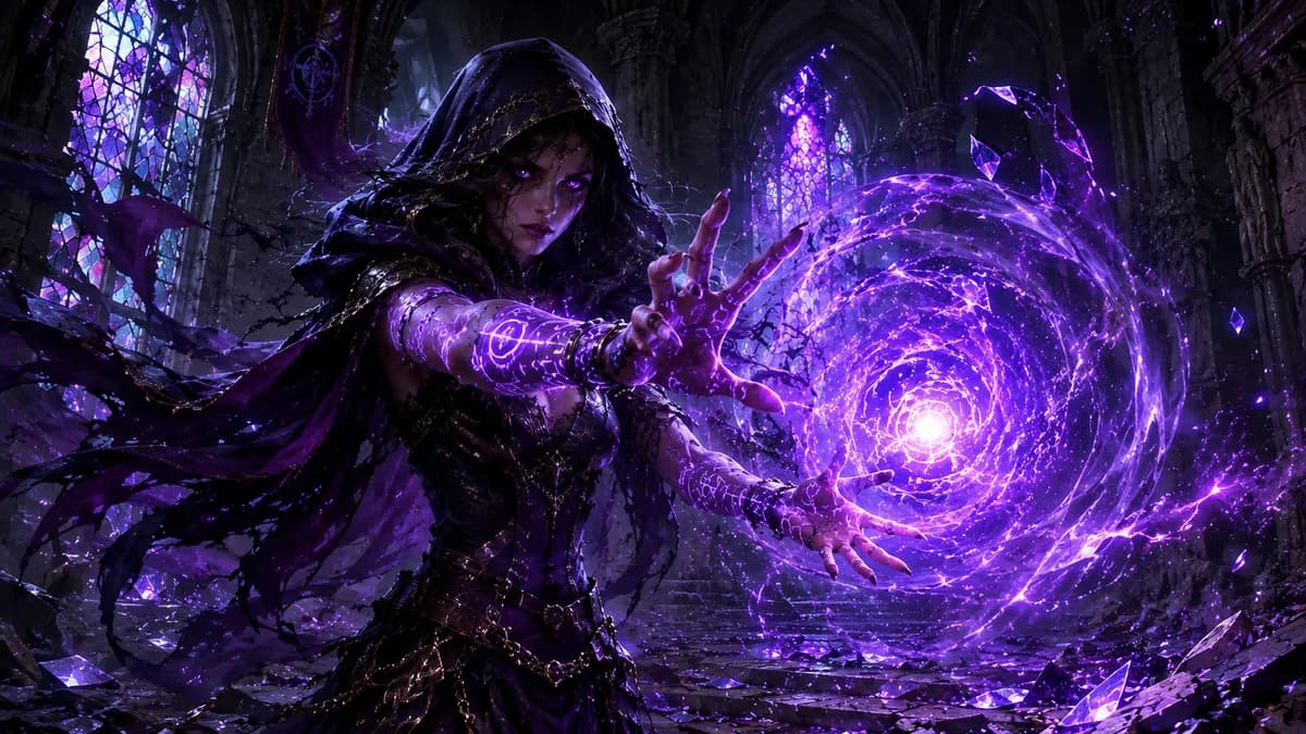 Hooded Sorceress Spellcast Gothic Cathedral Digital Art example created for GPT Image 2 in 16:9