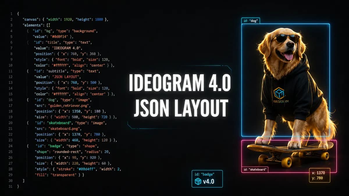 A dark tech blog cover showing a structured JSON prompt on the left with bounding box overlays on the right, with the text Ideogram 4.0 JSON Layout Masterclass displayed in bold white typography.