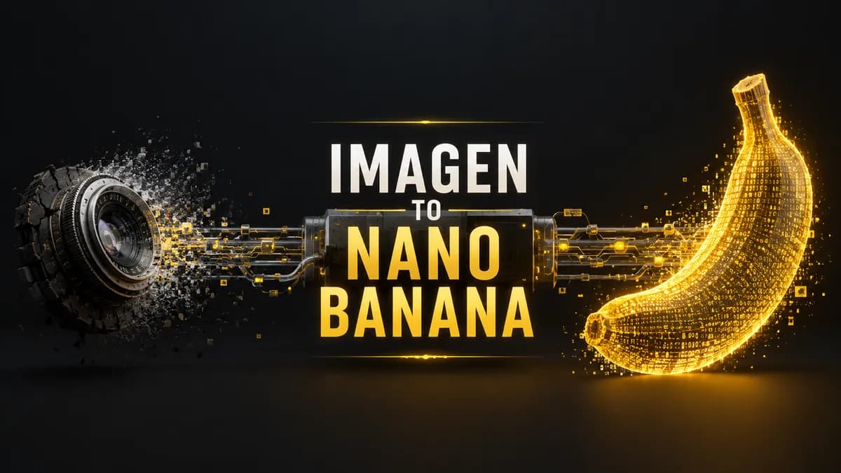 A split visual showing the transition from a fading Google Imagen logo to a glowing Nano Banana icon, with the text Imagen To Nano Banana Migration June 2026 displayed over a dark tech background.