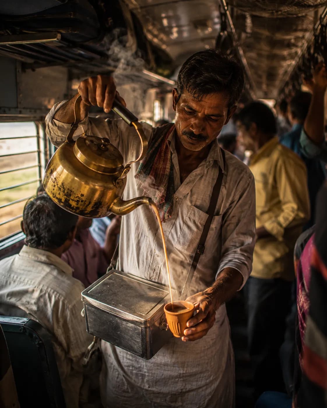 Indian Railway Chai Vendor Train Morning Portrait example created for GPT Image 2 in 4:5