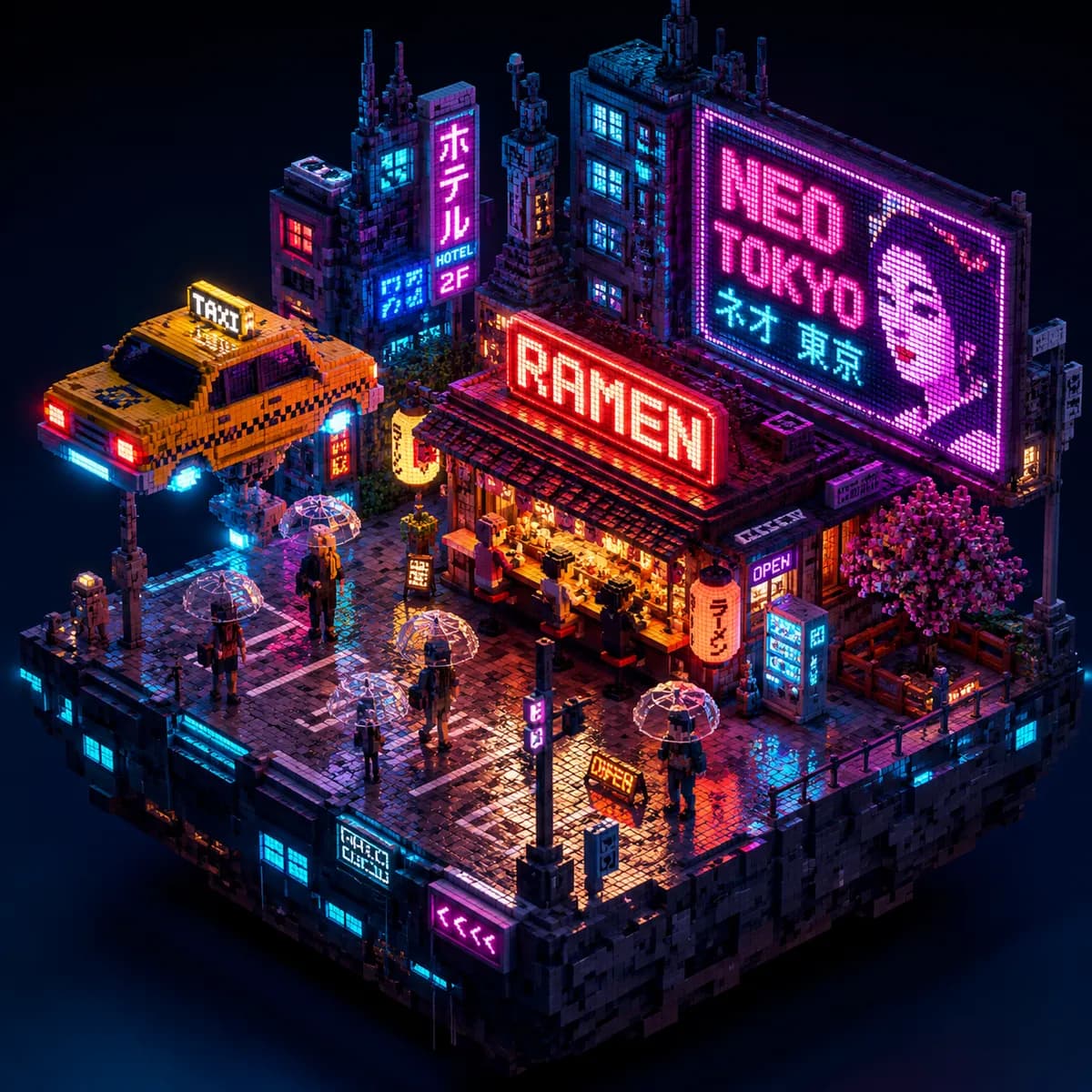 Isometric Cyberpunk Voxel Ramen Stand example created for GPT Image 2 in 1:1