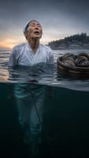 Japanese Ama Freediver Surfacing Ocean Dawn