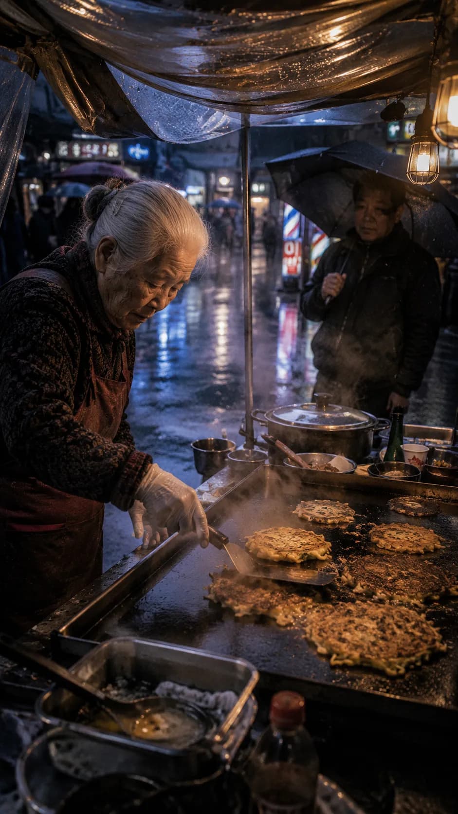 Korean Grandmother Street Food Cart Seoul Rain example created for GPT Image 2 in 9:16