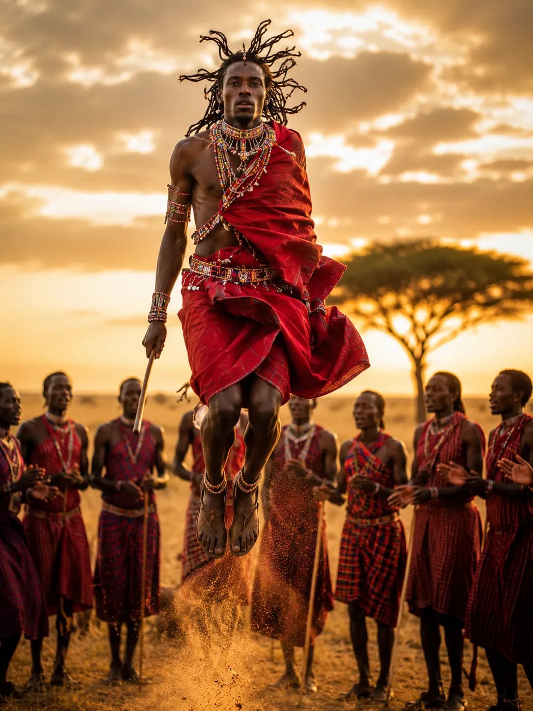 Maasai Warrior Adumu Jump Dance Serengeti Sunset example created for GPT Image 2 in 3:4