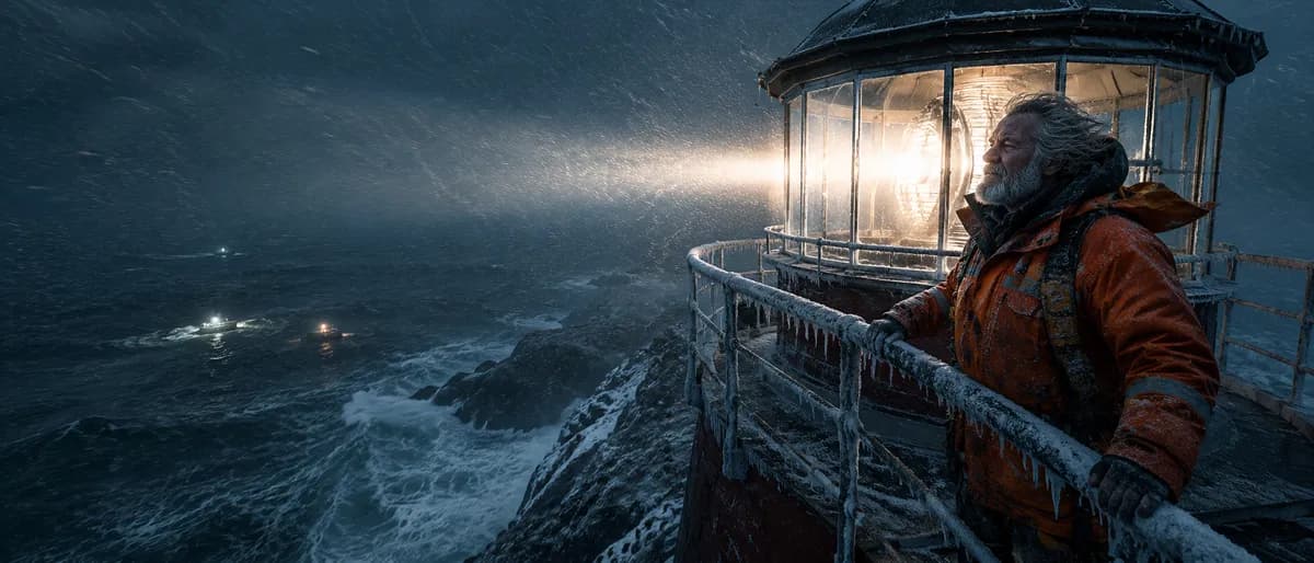 Norwegian Lighthouse Keeper Arctic Storm Portrait example created for GPT Image 2 in 21:9