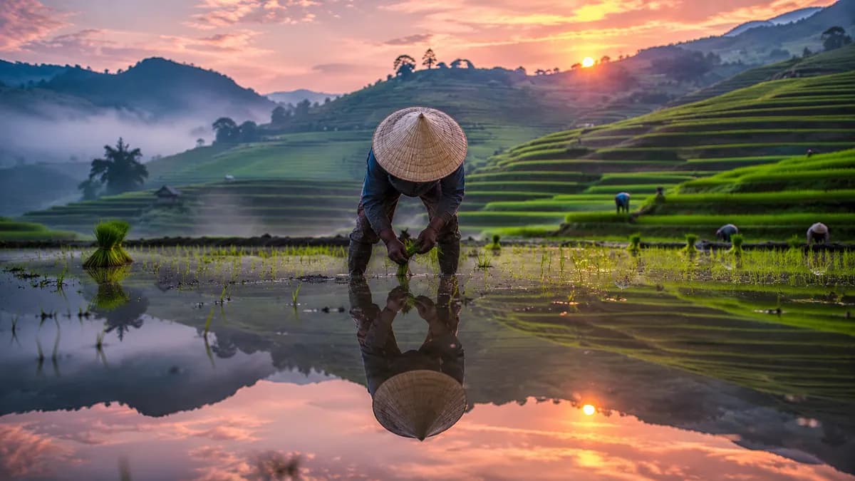 Vietnamese Rice Farmer Dawn Paddy Field Reflection example created for GPT Image 2 in 16:9