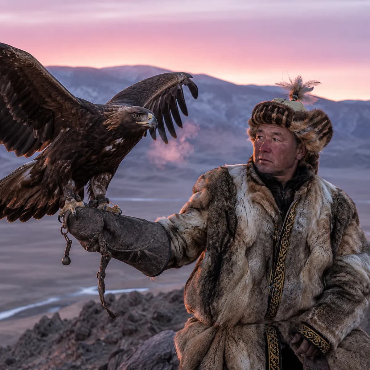 Mongolian Eagle Hunter Sunrise Altai Steppe Portrait
