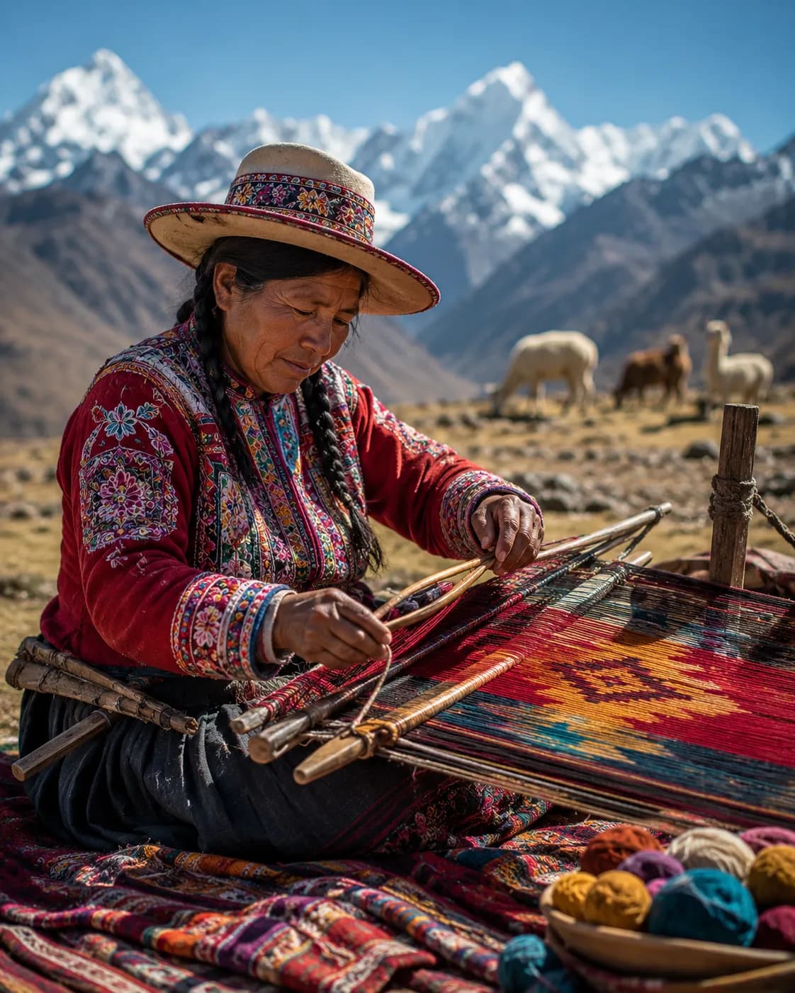 Peruvian Andean Weaver Backstrap Loom Mountain Portrait example created for GPT Image 2 in 4:5