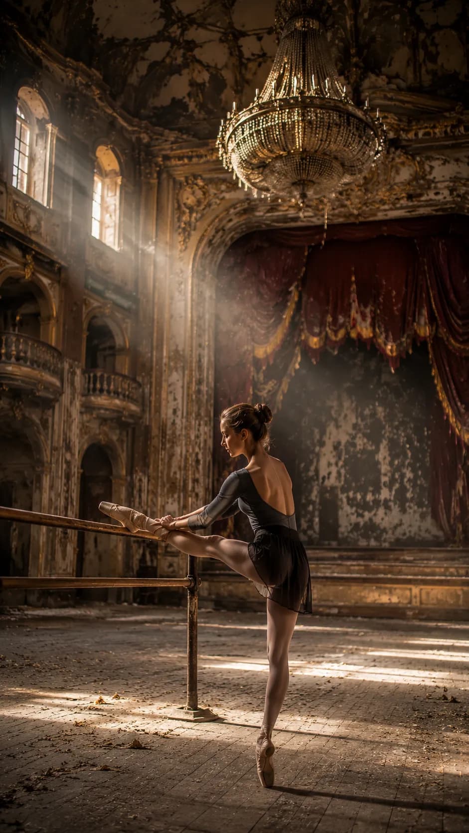 Russian Ballet Dancer Abandoned Soviet Theater example created for GPT Image 2 in 9:16