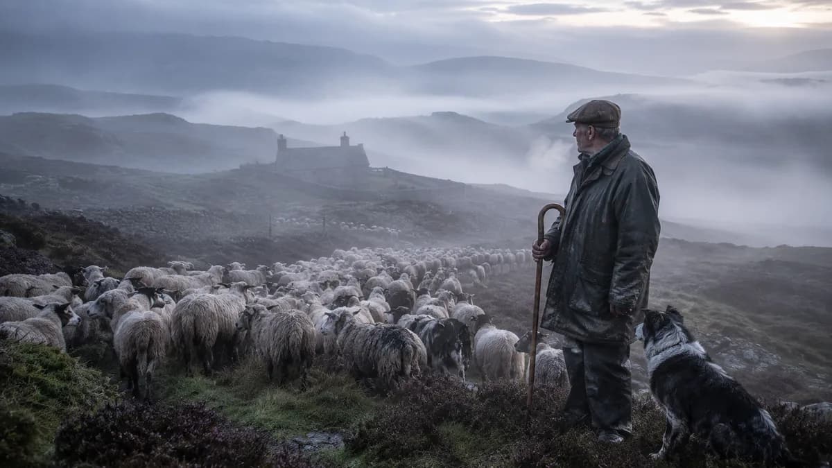 Scottish Highland Shepherd Misty Dawn Portrait example created for GPT Image 2 in 16:9