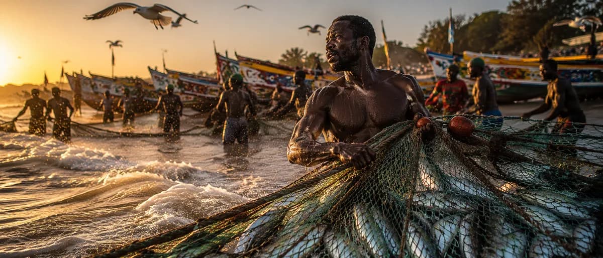 Senegalese Fisherman Net Hauling Atlantic Dawn example created for GPT Image 2 in 21:9