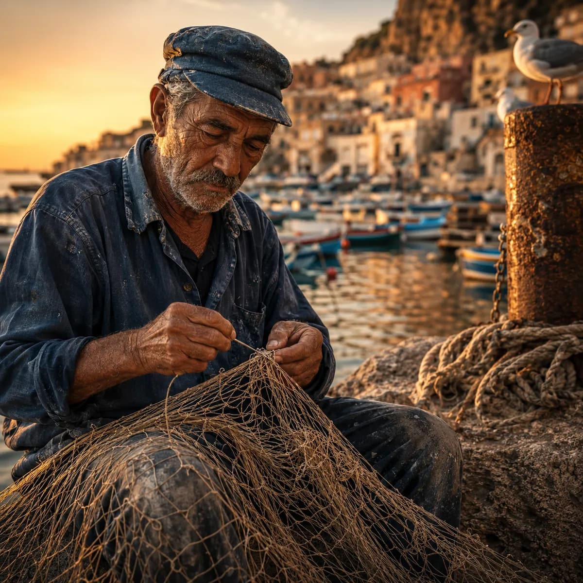 Sicilian Fisherman Mending Net Harbor Sunset example created for GPT Image 2 in 1:1