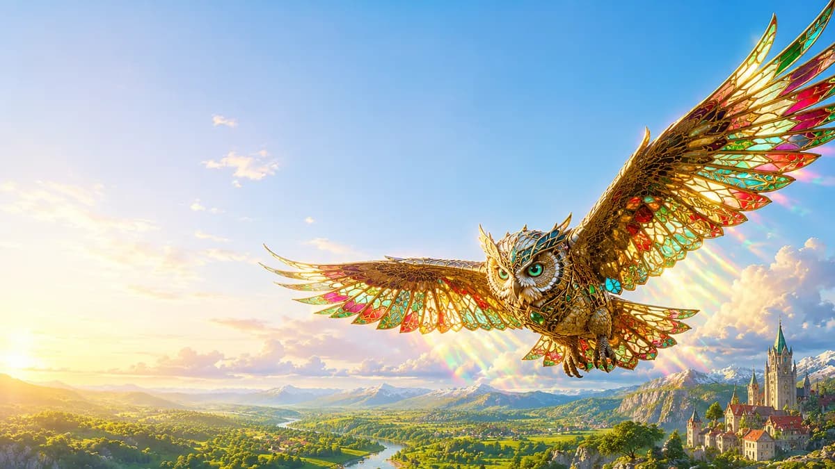 Stained Glass Owl Sunlit Valley Digital Art Wallpaper example created for GPT Image 2 in 16:9