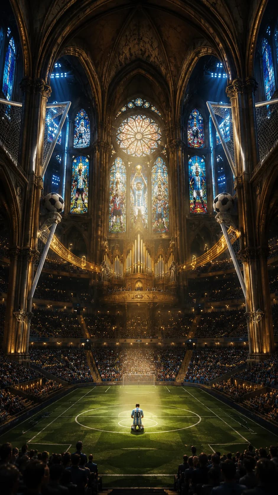 Surreal Gothic Football Cathedral Stadium example created for GPT Image 2 in 9:16