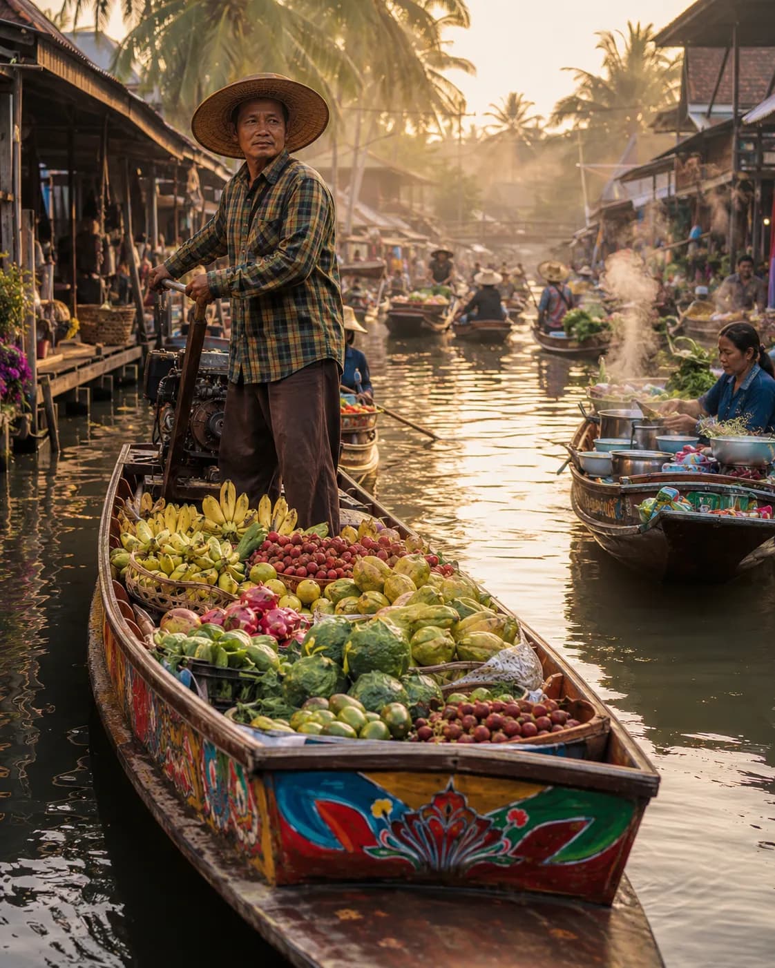 Thai Floating Market Boat Driver Canal Dawn example created for GPT Image 2 in 4:5