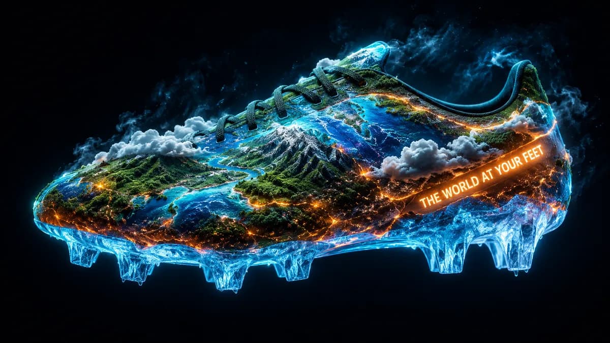 "The World At Your Feet" Earth Globe Football Boot Concept example created for GPT Image 2 in 16:9