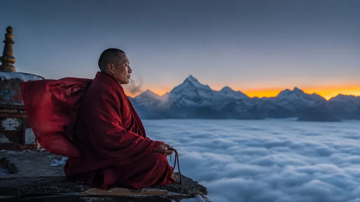Tibetan Monk Rooftop Meditation Himalayan Dawn example created for GPT Image 2 in 16:9