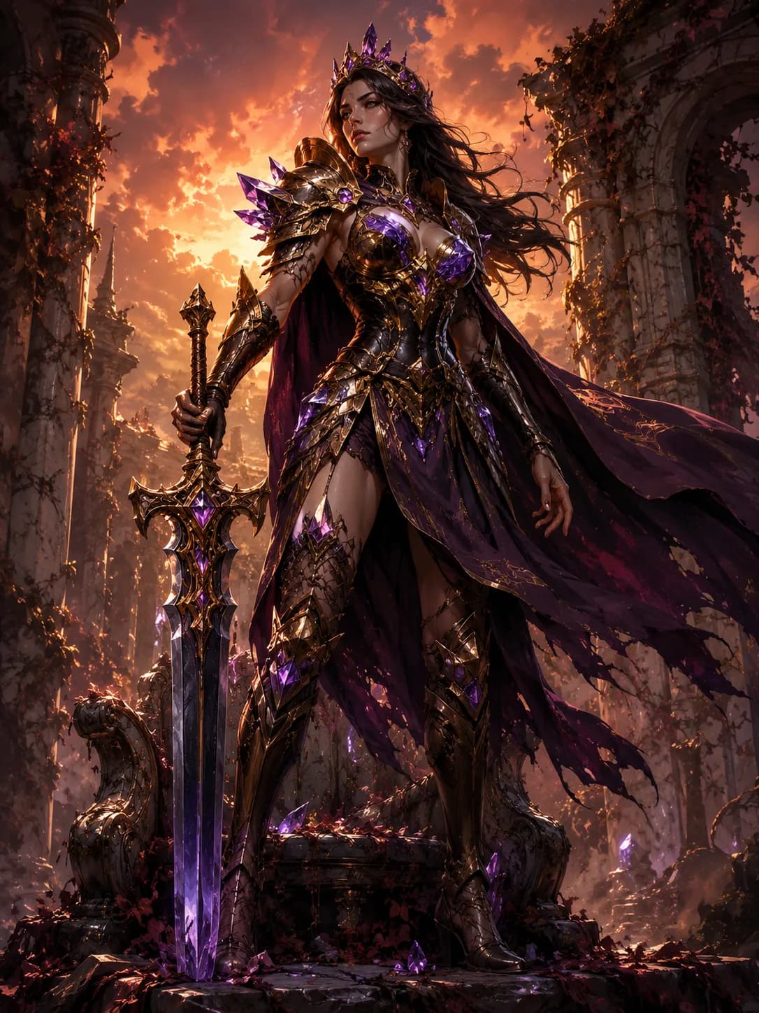 Warrior Queen Crystal Armor Ruined Throne Digital Art example created for GPT Image 2 in 3:4