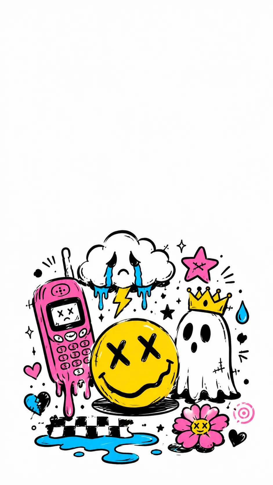 Weirdcore Y2K Doodle Smiley Black Ink Phone Wallpaper example created for GPT Image 2 in 9:16